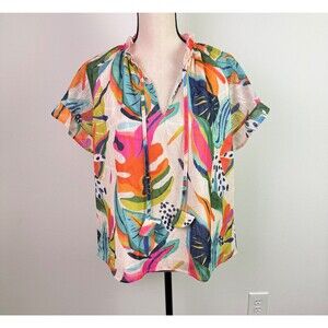 Umgee Women's Colorful Leaf Print V-Neck Top Short Sleeve Boho Festival Small